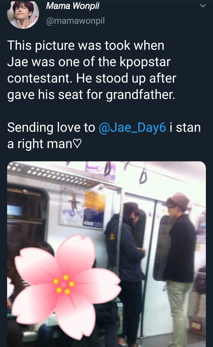 jae as loving grandchild -posted in ig the watch his late granda gave him w/ hashtags  #HisLastGift  #AlwaysOnMyWristAndHeart-stood up to let granda sit instead in a subway-saw a grandpa in crowd, thanked for letting his granddaughter see day6. gave shoutout to parents