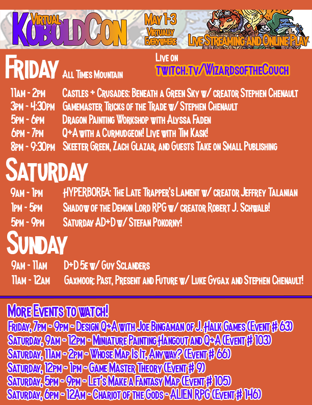 Kobold_Con's tweet photo. #VirtualKoboldCon Schedule! Come join the fun! We have games for days! https://t.co/Re9QkGRZcl @DnD_AdvLeague @DnDBeyond @WorldAnvil @thegayguy @DMs_Block @DungeonMagazine @lukegygax https://t.co/A2SjJEZq85