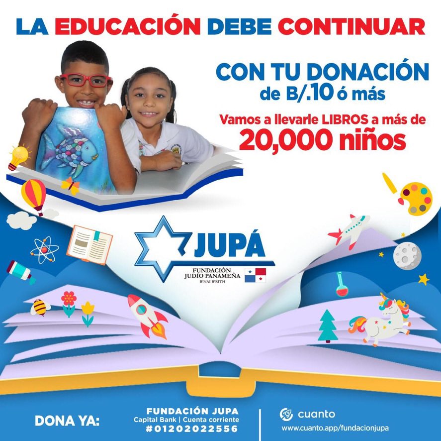 sabribacal's tweet photo. Únete a JUPA y aporta a la educación de nuestro país, donando un mínimo de $10 para poder llevar 20,000 libros a hogares panameños. DONA YA aprentando el link y compártelo. https://t.co/SKXyu9XA5i 
ACH: Fundacion Judio Panameña (JUPA)
Capital Bank
Cuenta Cte 1202022556 https://t.co/y1GsO3LITq