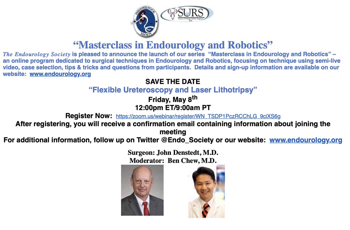 We are launching a virtual education series “Masterclass in Endourology and Robotics” on Friday May 8. Details and sign-up information are available on our website: endourology.org. Register Now: zoom.us/webinar/regist…. @DrJohnDenstedt @DrBenChew
