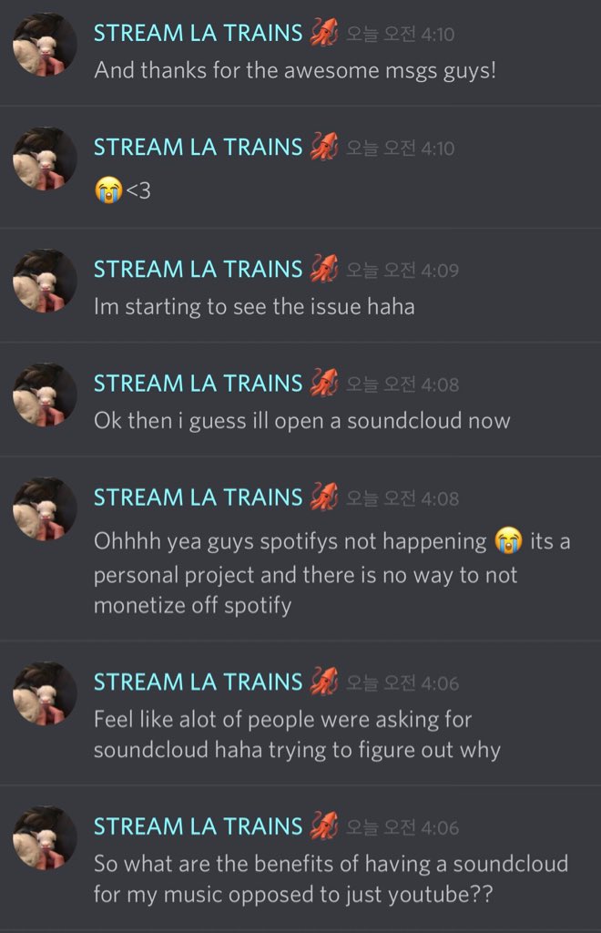 Jae claried in discord that spotify is not happening, he made soundcloud instead for his fans to listen to his songs for freeHe was excited for the project to express and find his self through music. He has been working hard for this project!! Let's give it more appreciation