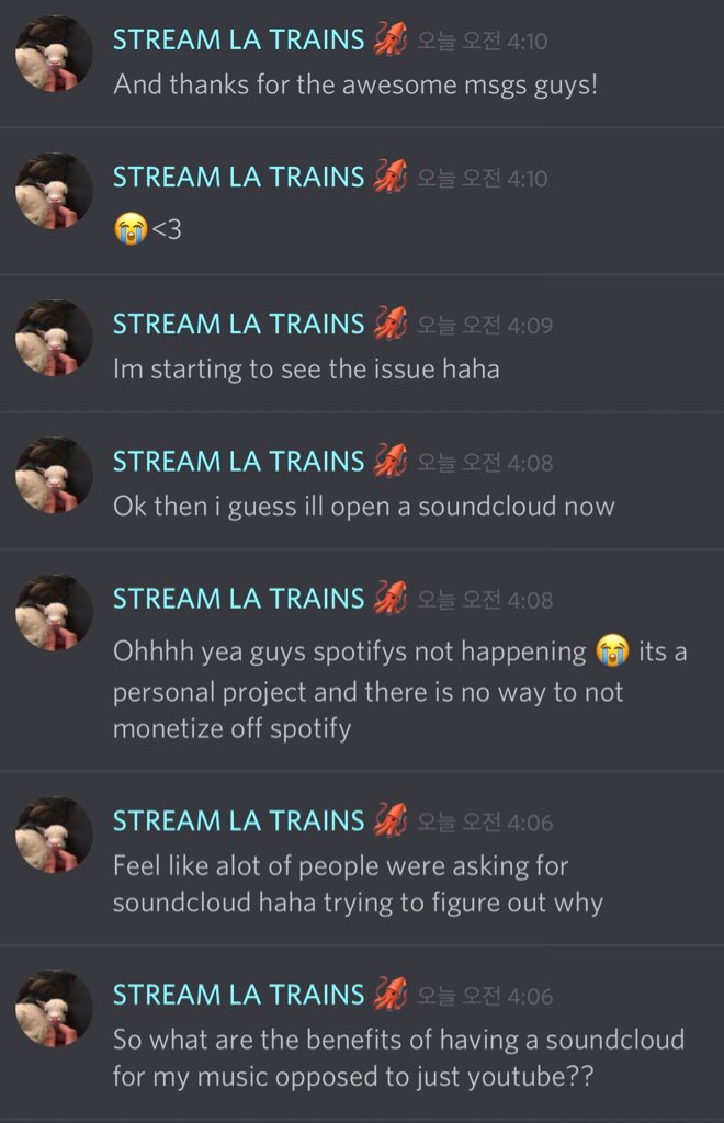 Jae claried in discord that spotify is not happening, he made soundcloud instead for his fans to listen to his songs for freeHe was excited for the project to express and find his self through music. He has been working hard for this project!! Let's give it more appreciation