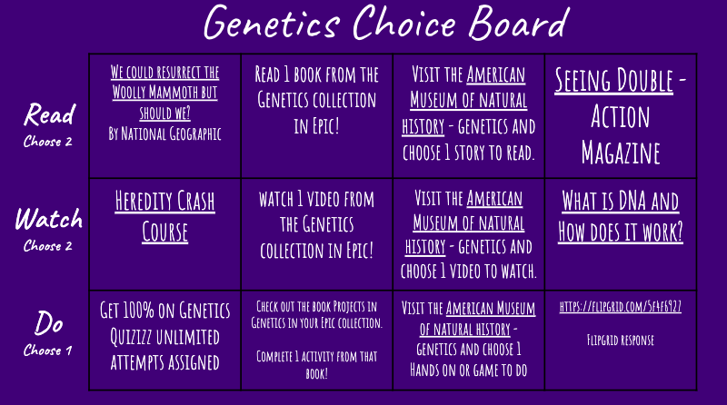 Excited about the genetics choice board I created for <a href="/GSA5thGrGators/">GSA5thGradeGators</a> next week!