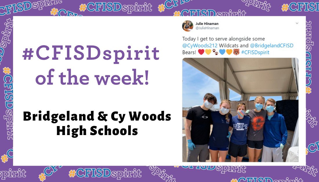 CyFairISD's tweet photo. Congratulations to this week's #CFISDspirit at Home campus winners -- @BridgelandCFISD, @CyWoods212, @SheridanCFISD and @HopperMS! https://t.co/jYgRIOT6xl