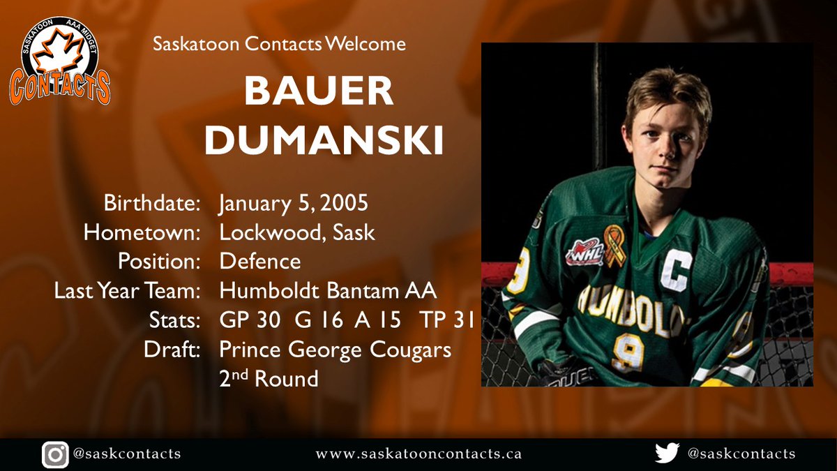 It's official!  Bauer Dumaski is heading to Saskatoon to join the <a href="/saskcontacts/">Saskatoon Contacts</a> for the 2020-21 season.  Bauer is from Lockwood, Sask and has played much of his minor hockey in Humboldt.  As a defenceman, Bauer adds a wealth of offence to the back end.  Congratulations Bauer!