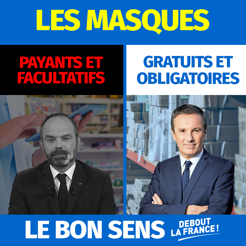 dupontaignan's tweet photo. Si tous les Français portaient des masques, ils pourraient reprendre leur vie normale : aller travailler, se balader...
Avec @DLF_Officiel, nous voulons que l'Etat rende le port du masque obligatoire et distribue un lot vital de masques par foyer. Du bon sens !
#ConfinementJour47 https://t.co/q5OJGalGHY