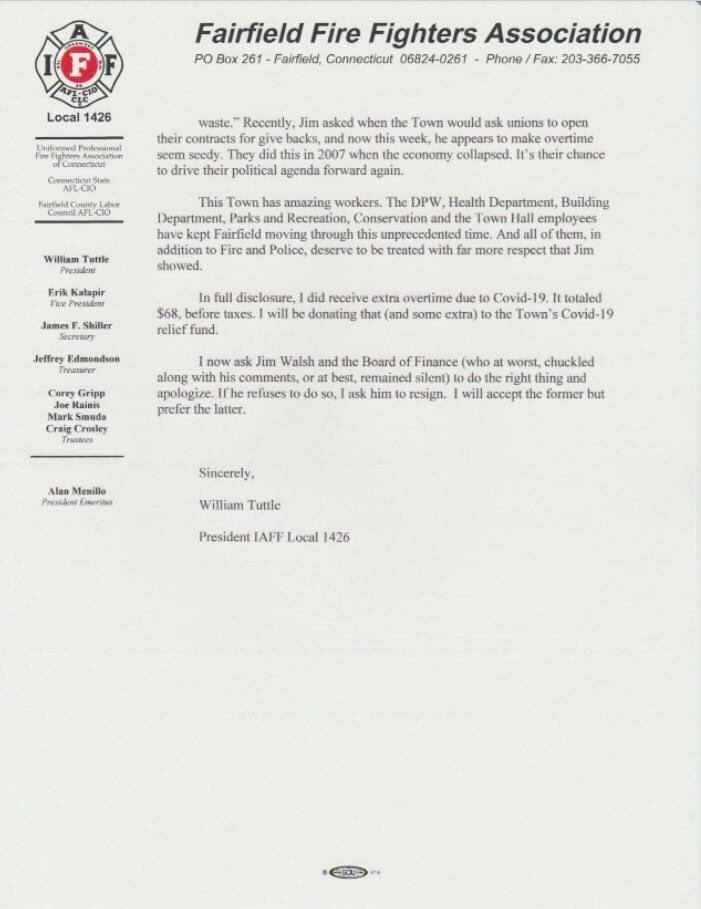 President Tuttle’s statement regarding recent comments  made by the Board of Finance at the 4/29 meeting. #Neverforget