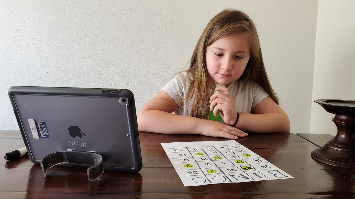 A1faroJan's tweet photo. Online bingo with @MissPaige504. We love Miss Lunsford's enthusiasm. ❤️Thank you for all your hard work and making it super fun for the kids. By the way, some of the punny jokes at the beginning of the zoom meeting had ME laughing in the background 🤣 @LHSchools @BeesArbolita https://t.co/0P4lzX6uiz