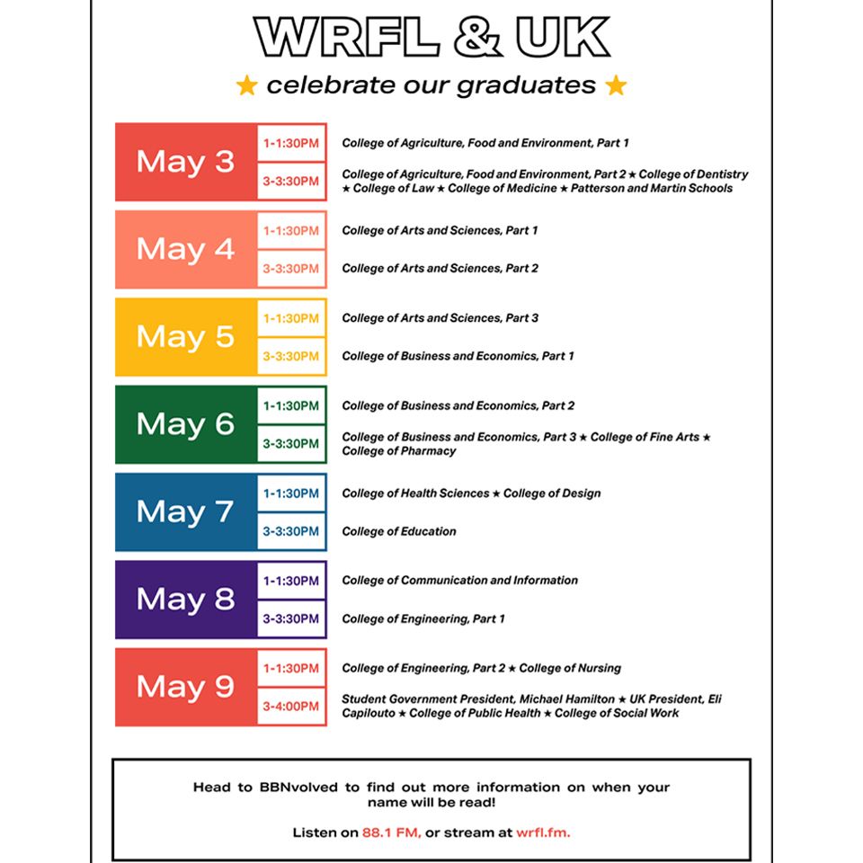 WRFL is broadcasting the reading of graduation names for all 2020 grads at UK! Tune in May 4th and 5th to hear the College of Arts and Sciences graduates. This may be a slightly different way you imagined graduating but we are still SO PROUD of you, wildcat! 💙 💫