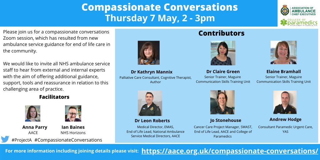 AACE_org's tweet photo. SAVE THE DATE - Thurs 7 May - for our #CompassionateConversations Zoom Call.

We're inviting all #NHS #ambulance service staff to hear from #EOLcare experts who will offer additional guidance, tools &amp; reassurance for this challenging area of practice.

>> https://t.co/icv6UMrBPW https://t.co/mfujRTLgsU