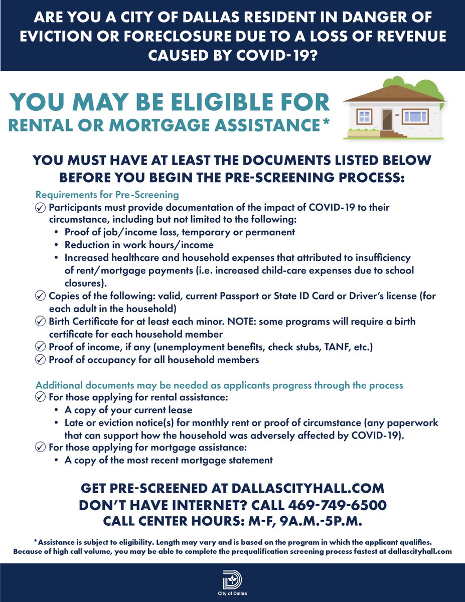 CityOfDallas's tweet photo. City of Dallas COVID-19 relief programs launch Monday, May 4. Here's a checklist of requirements and the process for pre-screening. 

𝗡𝗢𝗧𝗘: 𝗧𝗵𝗲 𝗽𝗵𝗼𝗻𝗲 𝗻𝘂𝗺𝗯𝗲𝗿 𝘄𝗶𝗹𝗹 𝗻𝗼𝘁 𝗯𝗲 𝗼𝗽𝗲𝗿𝗮𝘁𝗶𝗼𝗻𝗮𝗹 𝘂𝗻𝘁𝗶𝗹 𝗠𝗮𝘆 𝟰. https://t.co/qL7a9FSS8c