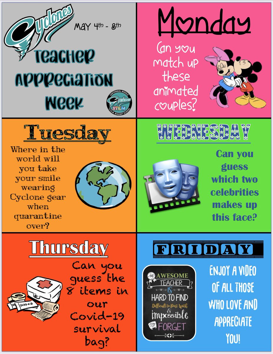 🤓Teacher Appreciation Week FUN
In an effort to show all of CENMS teachers how much we appreciate them we would like to have some SPECIAL fun starting MONDAY! <a href="/CENMS/">Centennial Middle STEM Magnet School</a> <a href="/pascoschools/">Pasco County Schools</a>