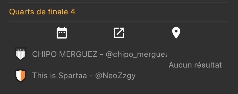 Les quarts de finale ⚽️🎮

Match simple —> prolongation et TAB en cas d’égalité 

Contactez votre adversaire en DM et bon match à tous 🤝