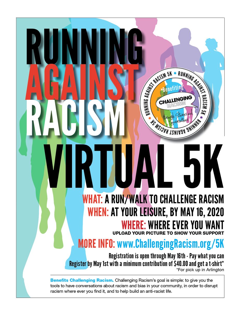 Challenging_R's tweet photo. Happening now thru 16 May! Join our annual #Running Against Racism 5K Run/Walk. 2020 is VIRTUAL! Track your mileage and upload your picture to show your support for racial equity. Register here, donate what you can.  https://t.co/Ec2LZ8udRf  #CR5K https://t.co/GFcKkIAQiq