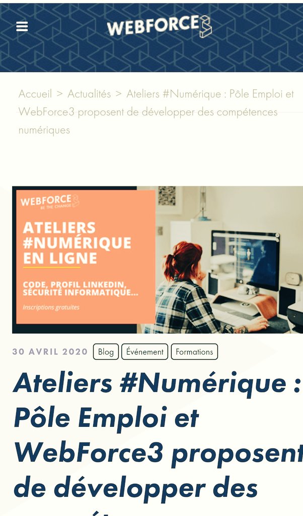 sandrine_bo's tweet photo. 🆕 Infos 📢 #orientation @WebForce3 et @pole_emploi proposent des ateliers du #numérique gratuits👍 Venez découvrir les #formations de #developpeur #Web et #web_mobile , technicien #cybersecurite .... 👉https://t.co/wlhD4pytUh https://t.co/c7FDzdgqEq