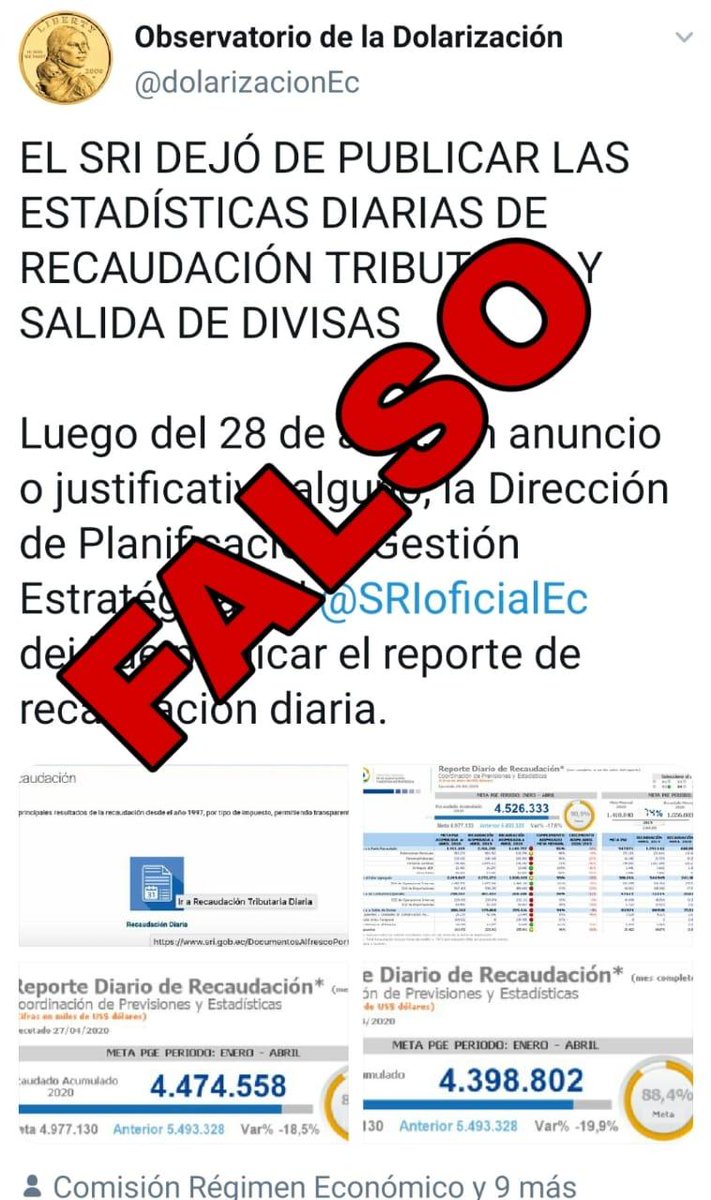 SRIoficialEc's tweet photo. ¡𝐅𝐀𝐋𝐒𝐎! ❌
Rechazamos este tipo de información falsa que circula en redes sociales.

La información se encuentra publicada y debidamente actualizada en https://t.co/goAYYUk0Ld.

Hacemos un llamado a la ciudadanía a mantenerse informada a través de nuestras cuentas oficiales. https://t.co/5L6YFGAoqK