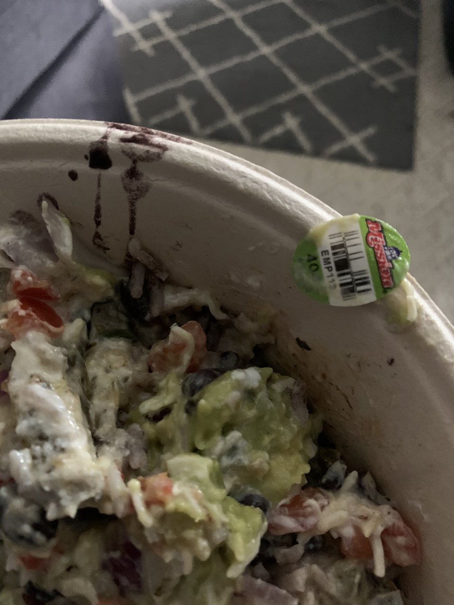 jennaheight's tweet photo. Hey @qdoba I found this sticker in my burrito bowl tonight. Not the best surprise. https://t.co/AtvHIuS196