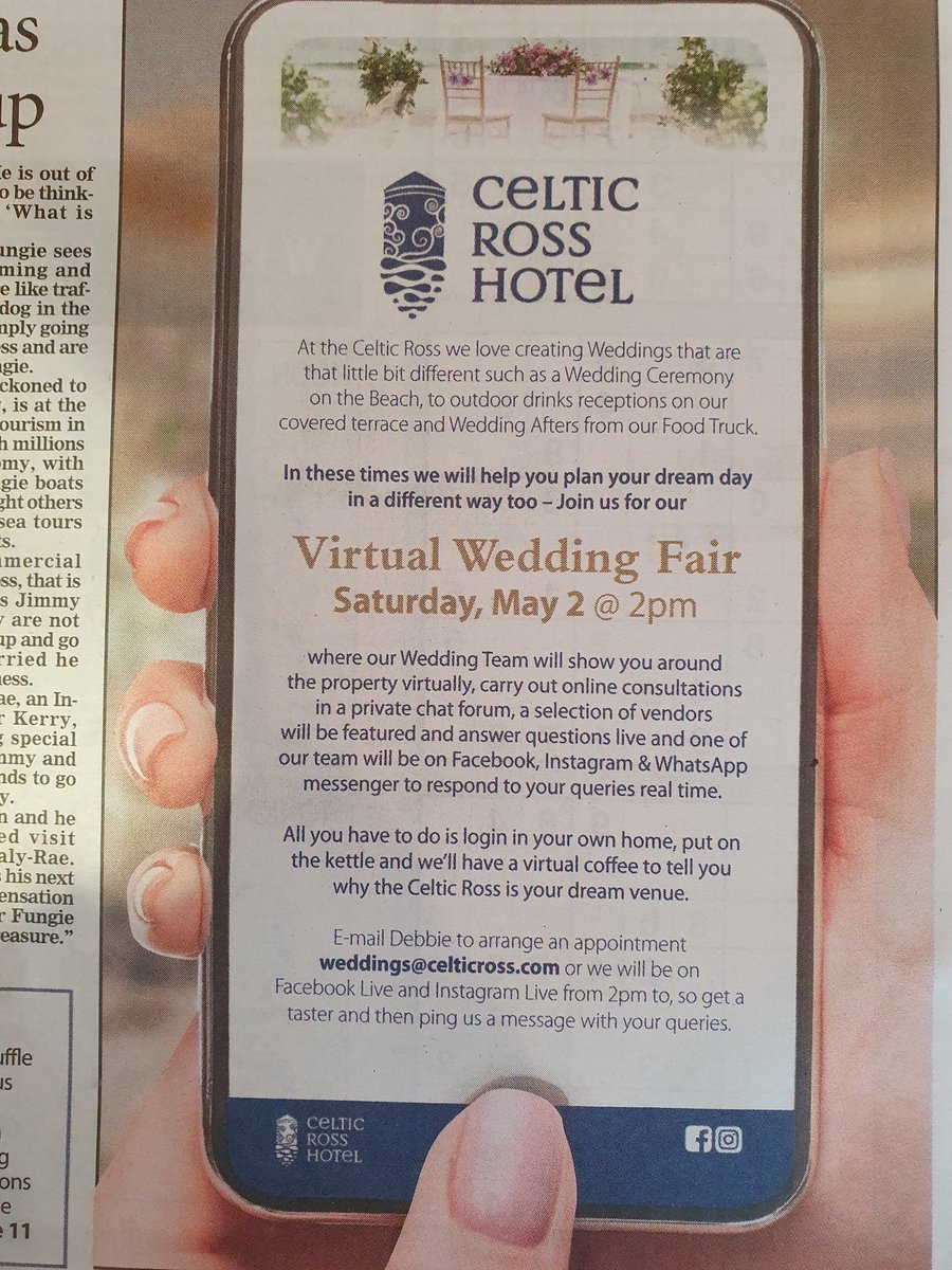 HelenWycherley's tweet photo. Don't forget this tomorrow! #wedding #weddingwestcork #Rosscarbery #teamCelticRoss #WestCork @CelticRossHotel #weddingfair #virtualweddingfair https://t.co/VNqVKHJgh0