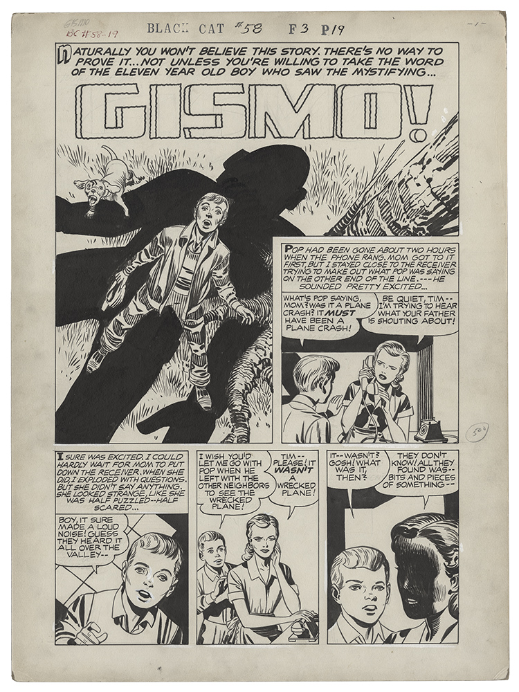 [Jack Kirby Today] May 1, 1956 - Black Cat Mystic #58, featuring the tale "Gismo!" Check out the first page and Jack's original art. Joe Simon was the editor, but it's not clear if he wrote or inked this story with Jack.
