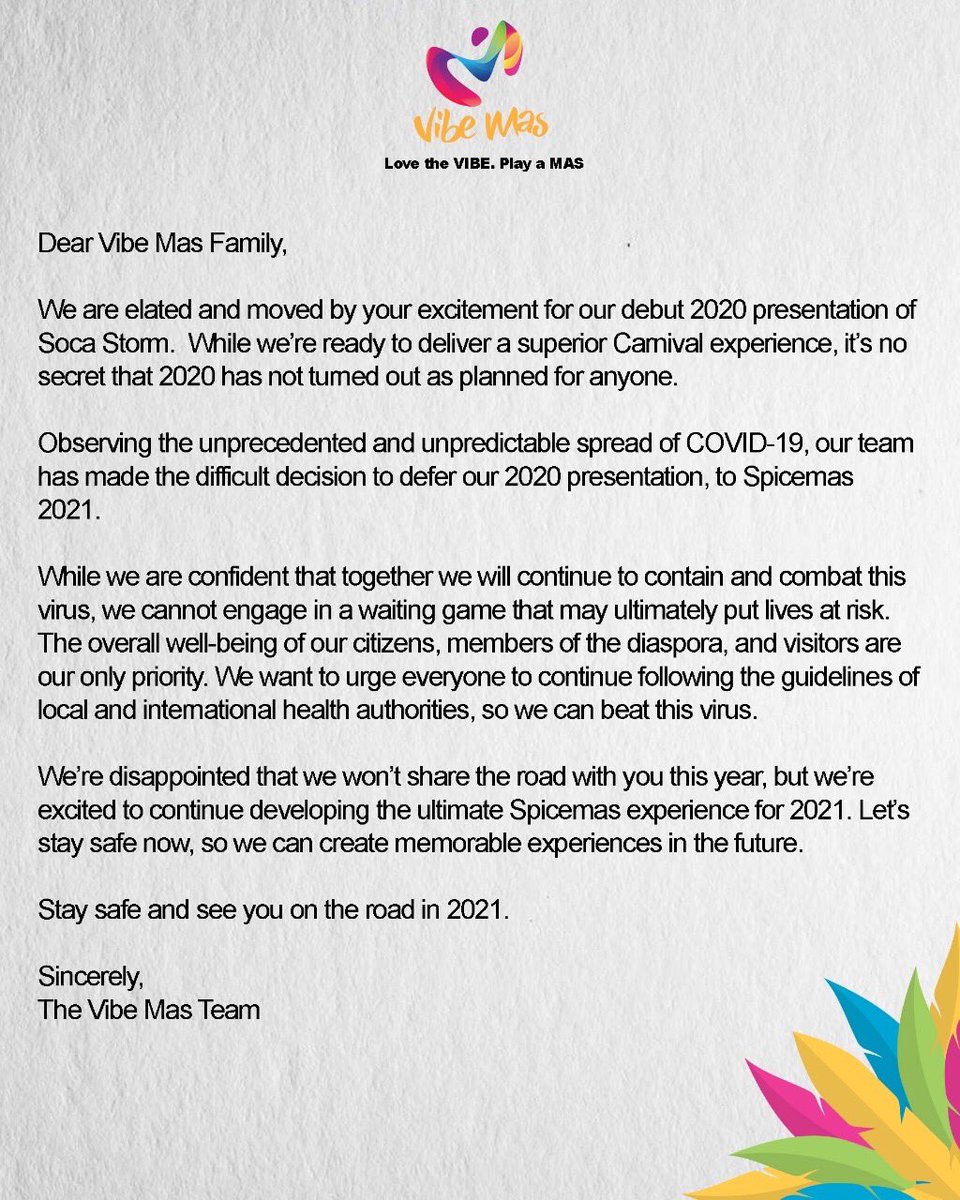 We’ve thought long and hard about this decision, and in the end, we must do what we feel is best for everyone. ⠀
⠀
We’ll see you in 2021! ⠀

#VibeMas #Spicemas2020 #C4PromotionsGd #YumaVibe #SpiceMas #Grenada