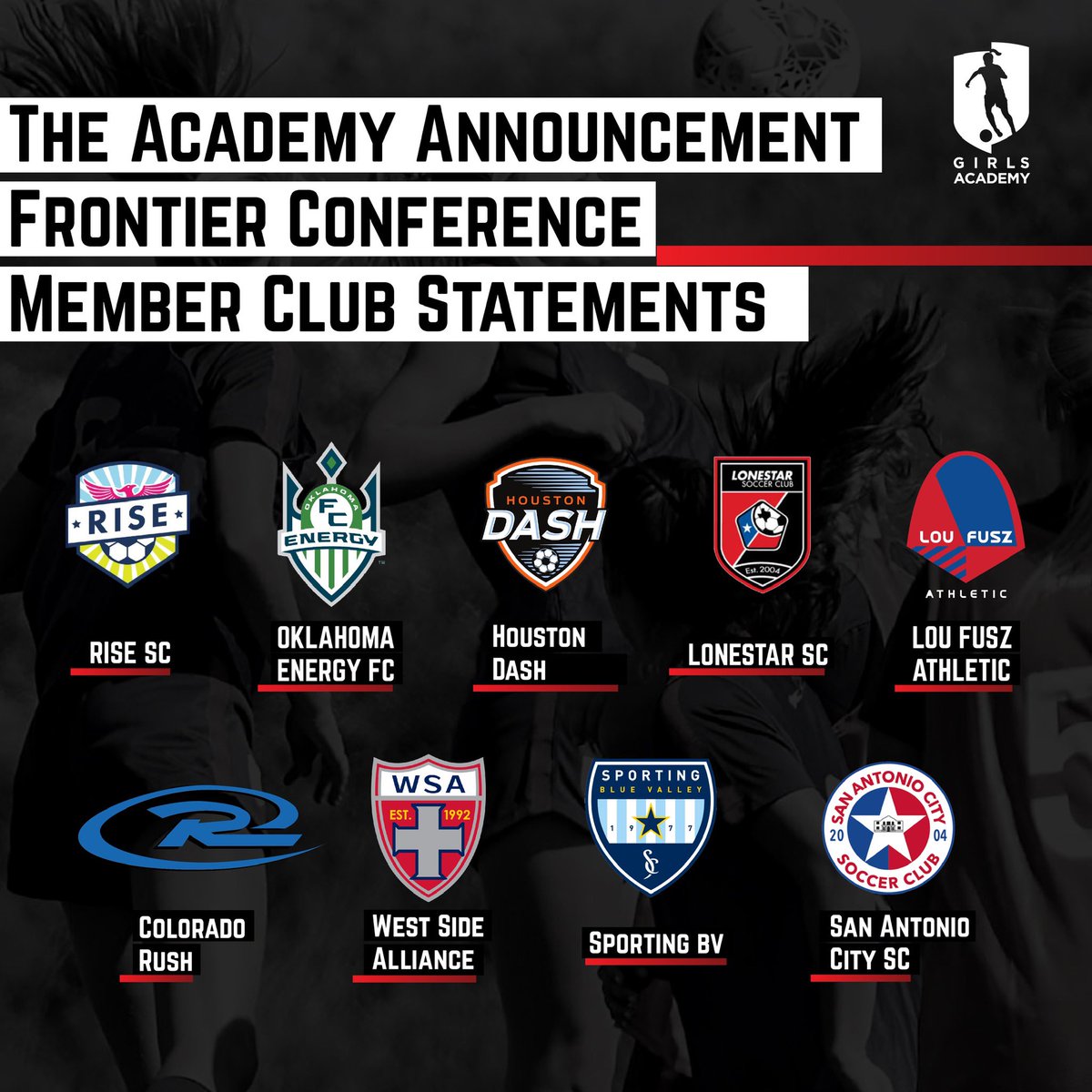 It’s FRONTIER FRIDAY! We are excited to announce the clubs joining The Girls Academy in the Frontier Conference. We welcome the clubs, staff, players and families and can’t wait to see the girls battling it out on the field! #NewWave #TopClubs #TopPeople