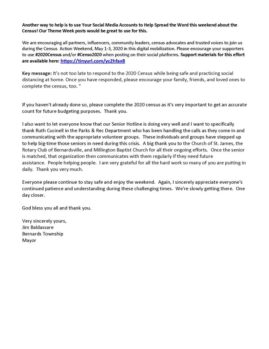 MAYOR JAMES BALDASSARE'S LETTER TO THE RESIDENTS - MAY 1, 2020