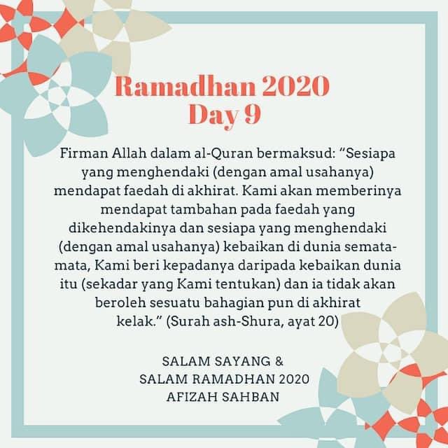 MizzFeeza's tweet photo. RAMADHAN 2020 💚 DAY 9

Assalam kesayangan semua 😊

Jom kita rebut peluang gandakan saham akhirat! Setiap amalan baik dilakukan dalam bulan Ramadan akan diberi ganjaran sangat istimewa melebihi bulan lain ☺️ https://t.co/bAbWGckAvK