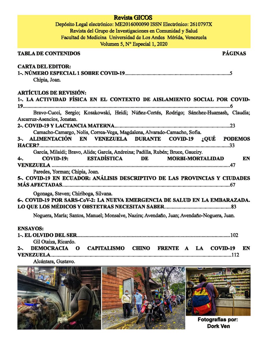 Ya esta disponible para consulta un nuevo número de la Revista GICOS, Volumen 5, Número Especial 1 (2020): Número especial sobre #Covid_19 fotografías por: Dork Ven. +info>> erevistas.saber.ula.ve/gicos
