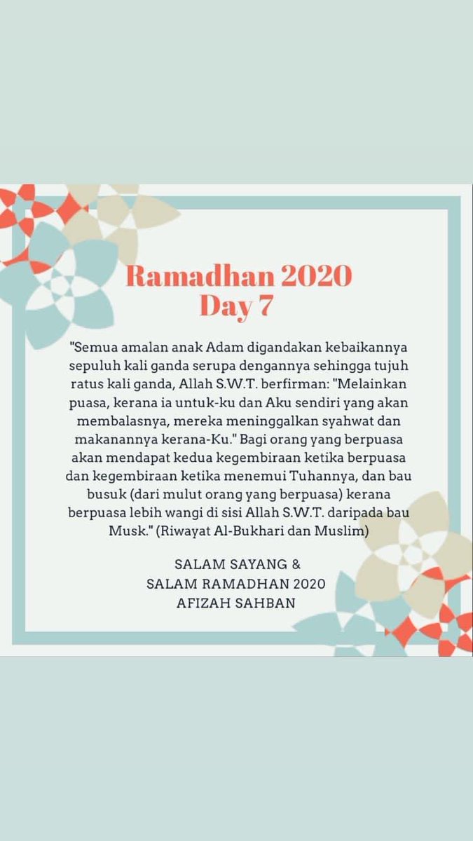 MizzFeeza's tweet photo. RAMADHAN 2020 💚 DAY 7

Assalam kesayangan semua 😊

“Ya Allah, terimalah ibadah kami, gandakanlah pahala kami dan hapuskanlah semua dosa-dosa kami. Sesungguhnya engkau Yang Maha Pengasih dan Maha Penyayang.” https://t.co/HSBgsuYCXL