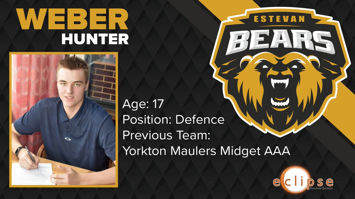 EstevanBears's tweet photo. PLAYER SIGNING: We are excited to announce the signing of defenceman Hunter Weber (‘03) of Saskatoon, SK who will be joining the Bears for our inaugural season!

Weber (6’1, 210lbs) played last season with the (SMHL) Yorkton Maulers Midget AAA (42GP, 0G, 1A, 1PTS, 38PIM) https://t.co/43NMGGk1Z6