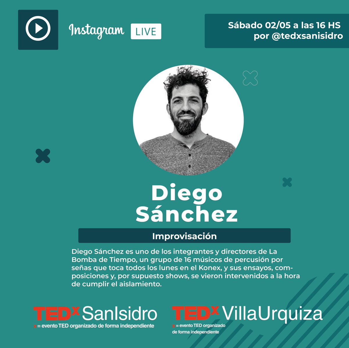 ⚠️ Agendate la fecha

Mañana 16hs último #InstagramLive en #TEDxSanIsidro 💡
Entrevistamos a #DiegoSanchez de <a href="/labombadetiempo/">La Bomba de Tiempo</a> 

¿Inprovisamos en #cuarentena? 🤔

👉🏻 Instagram.com/TEDxSanIsidro 
#QuedateEnCasa