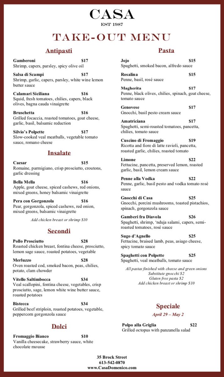 CasaDomenico's tweet photo. Just to be clear everyone, we are now doing pick up order from Casa, 35 Brock St. 
We still have a few times available for tonight! 
Call 613-542-0870. 
#ygk #casa #takeout https://t.co/7d7xRUoNfU