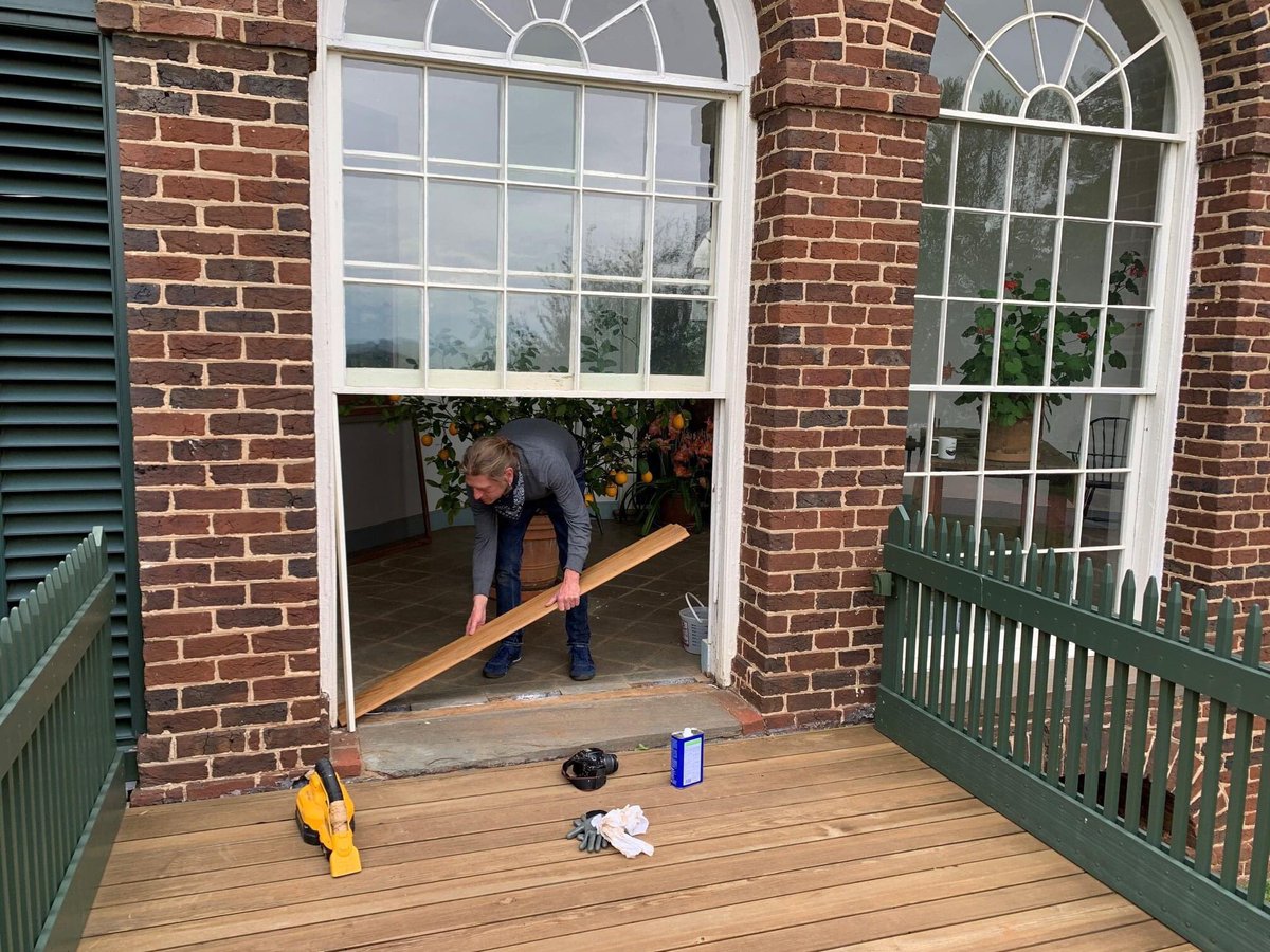 What do we DO all day? For our teams, every day is different! While we're closed to the public, Restoration is working hard to maintain the structures while social distancing. Here Restoration Specialist Jolen Bain reinstalls a recently replicated threshold in the Greenhouse.