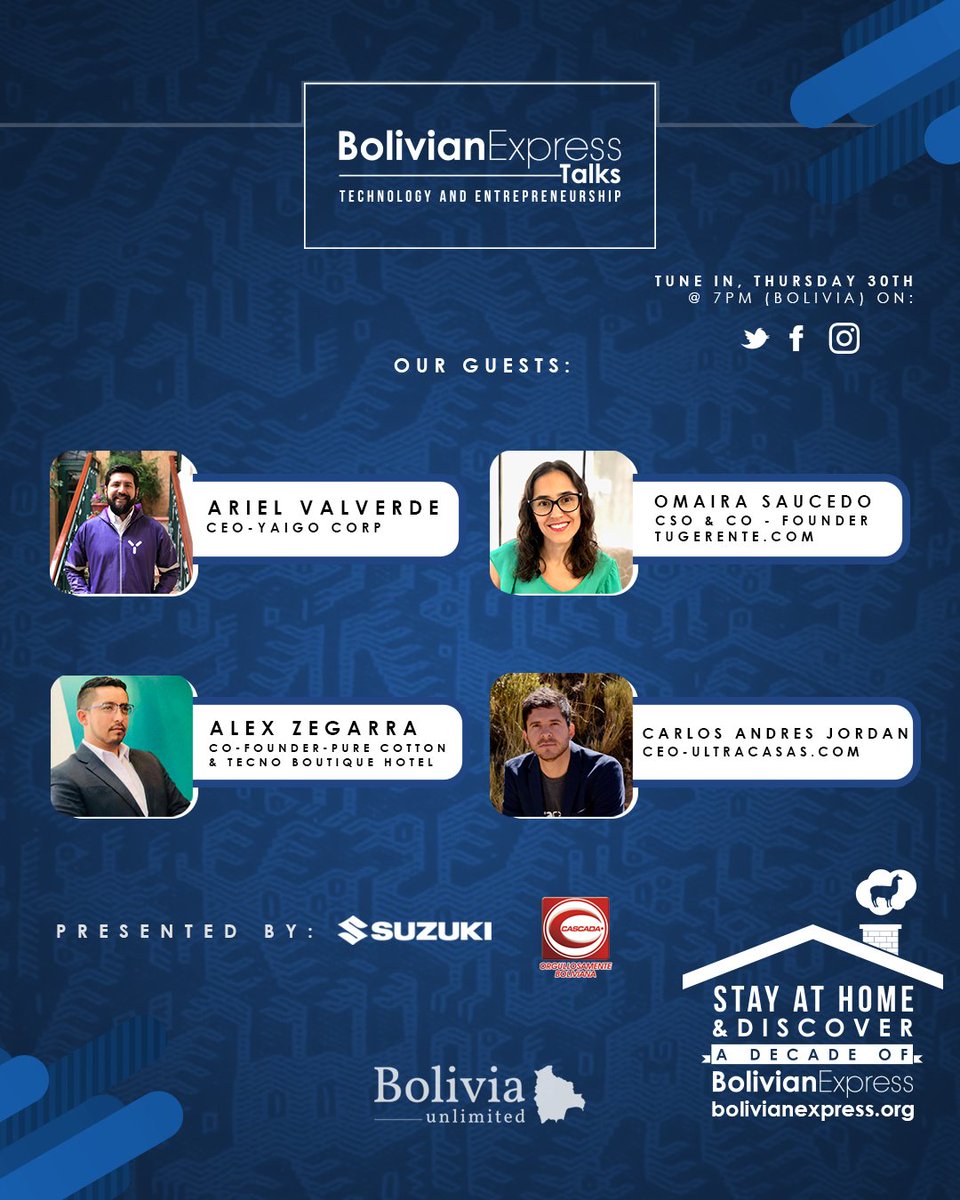 #BolivianExpressTalks
Technology and Entrepreneurship💻📊📈✅

"Adaptación de los Negocios a los cambios tecnológicos y a las habilidades digitales. 
Oportunidades y Retos en Bolivia"

Presented by: Suzuki Bolivia &amp; La Cascada Bolivia

Watch here👇🏻: 
facebook.com/309769023105/p…