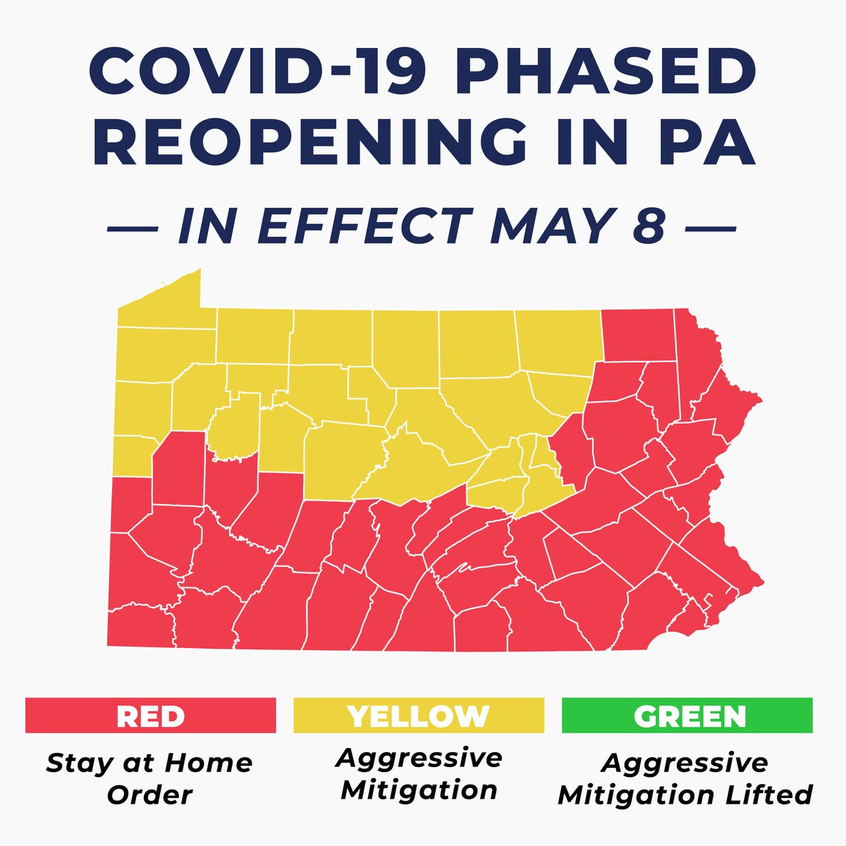 This afternoon, @GovernorTomWolf announced the reopening of 24 counties in the northwest and north-central regions of the state, moving them from red to yellow beginning at 12:01 a.m., Friday, May 8.

You can read more here: governor.pa.gov/newsroom/gov-w…