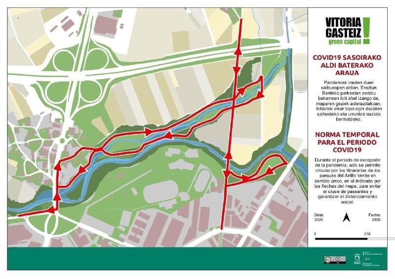 vitoriagasteiz's tweet photo. Durante el periodo de excepción de la pandemia, sólo se permite circular por los itinerarios de los parques del Anillo Verde en sentido único, el indicado por las flechas en los distintos mapas. 

+ info: https://t.co/2Pm8N0gAVz https://t.co/HHICwp1FZk