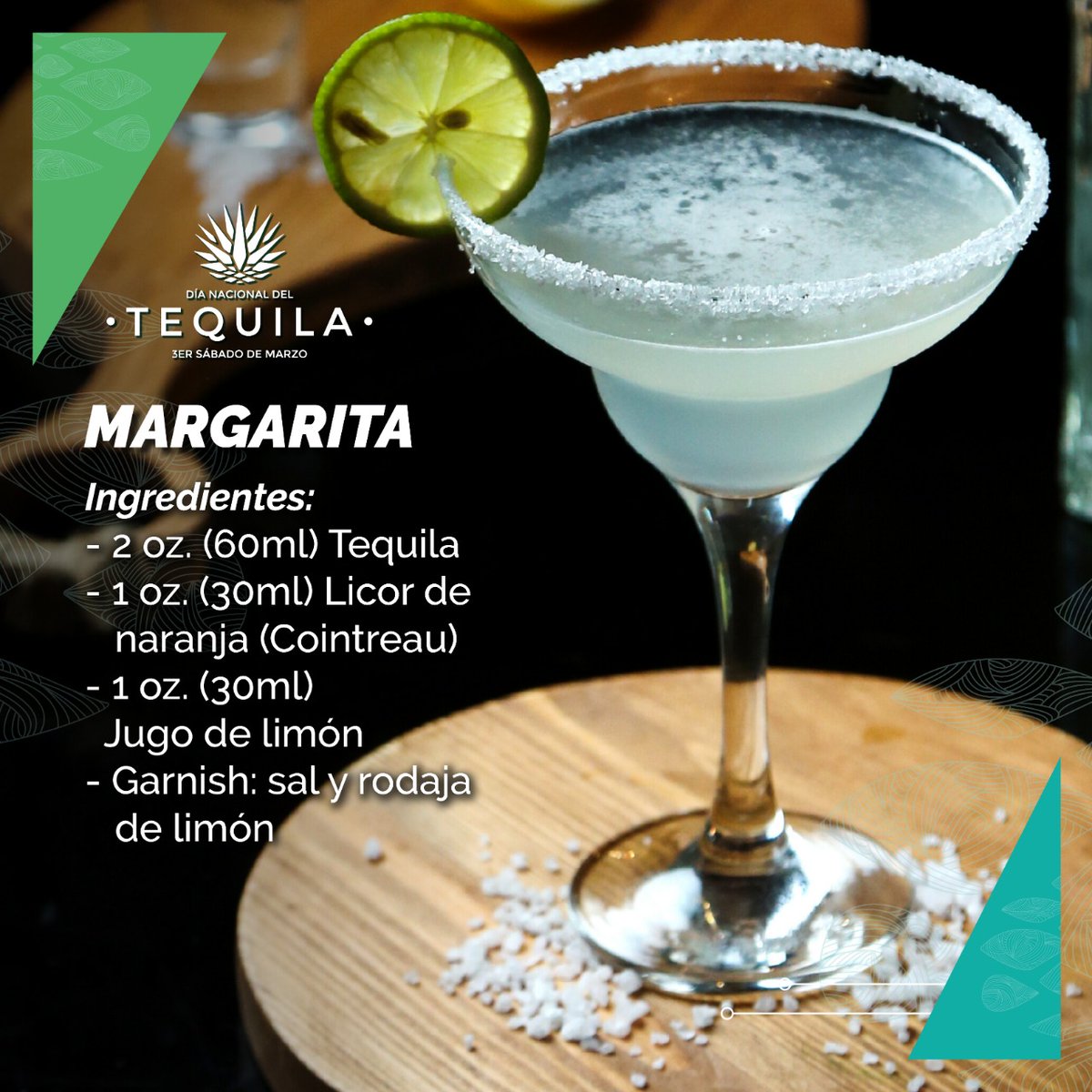 Día Nacional del Tequila a Twitter: "Hoy podrías preparar en casa la receta del coctel más consumido el mundo, la Margarita ¡Disfrútalo! MARGARITA 2 oz. (60ml) 1 oz. (30ml) Licor