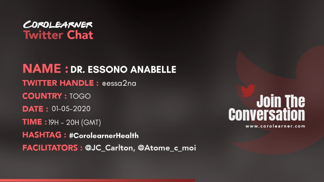 essa2na's tweet photo. Joignez-vous à moi ce soir (01/05) sur Twitter, en suivant le HashTag #CorolearnerHealth dès 20h (19h GMT). Nous échangerons sur les réalités et perspectives de la SANTE sur toutes ces formes en cette période de Crise Sanitaire. https://t.co/EQHE6cF4wu