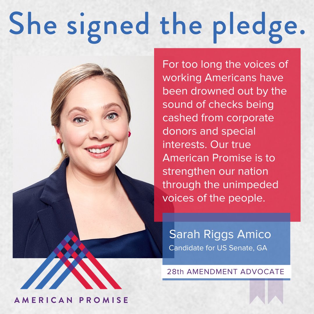 SarahRiggsAmico's tweet photo. It's with great pride that I take the @usapromise pledge, standing firm against big money in politics, so we can ensure all Americans have their voices heard.
#APPledge #28thAmendment #GetMoneyOut #gapol https://t.co/9Shc0quVot