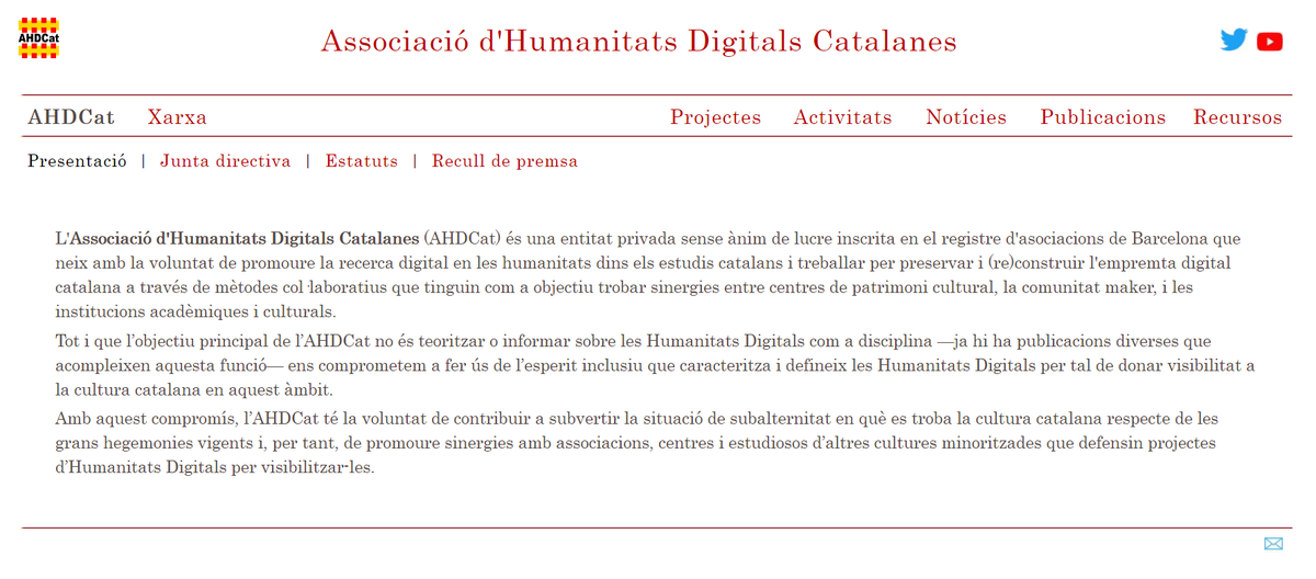HuDiCat's tweet photo. Aquesta setmana hem constituït l'Associació d' #HumanitatsDigitals Catalanes. Volem contribuir a fer més visibles els projectes i activitats d'HD de tot l'àmbit de la catalanofonia, crear xarxa i treballar col·laborativament. Ens trobareu aquí: 👇

https://t.co/GyHOhQeKxy https://t.co/DIBgmrQojy
