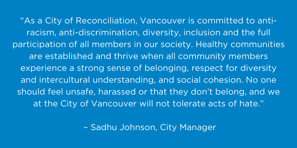 CityofVancouver's tweet photo. As we prepare to celebrate #AsianHeritageMonth, we acknowledge there have been increased incidents of hateful comments, vandalism &amp; violence targeted at people of Asian descent. /1 https://t.co/c7MdPtxUV3