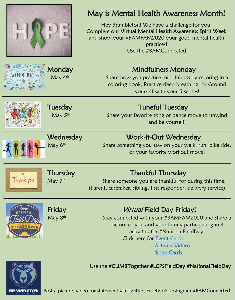 Join us in celebrating National Mental Health Awareness Month with an interactive SPIRIT WEEK! Make sure to use the #BAMFAM2020 #BAMConnected and check out Friday’s virtual Field Day!!
@Bam_HPE <a href="/PsychJackson/">Kelsey Jackson</a> <a href="/BAM_MS_Official/">Brambleton Middle</a>