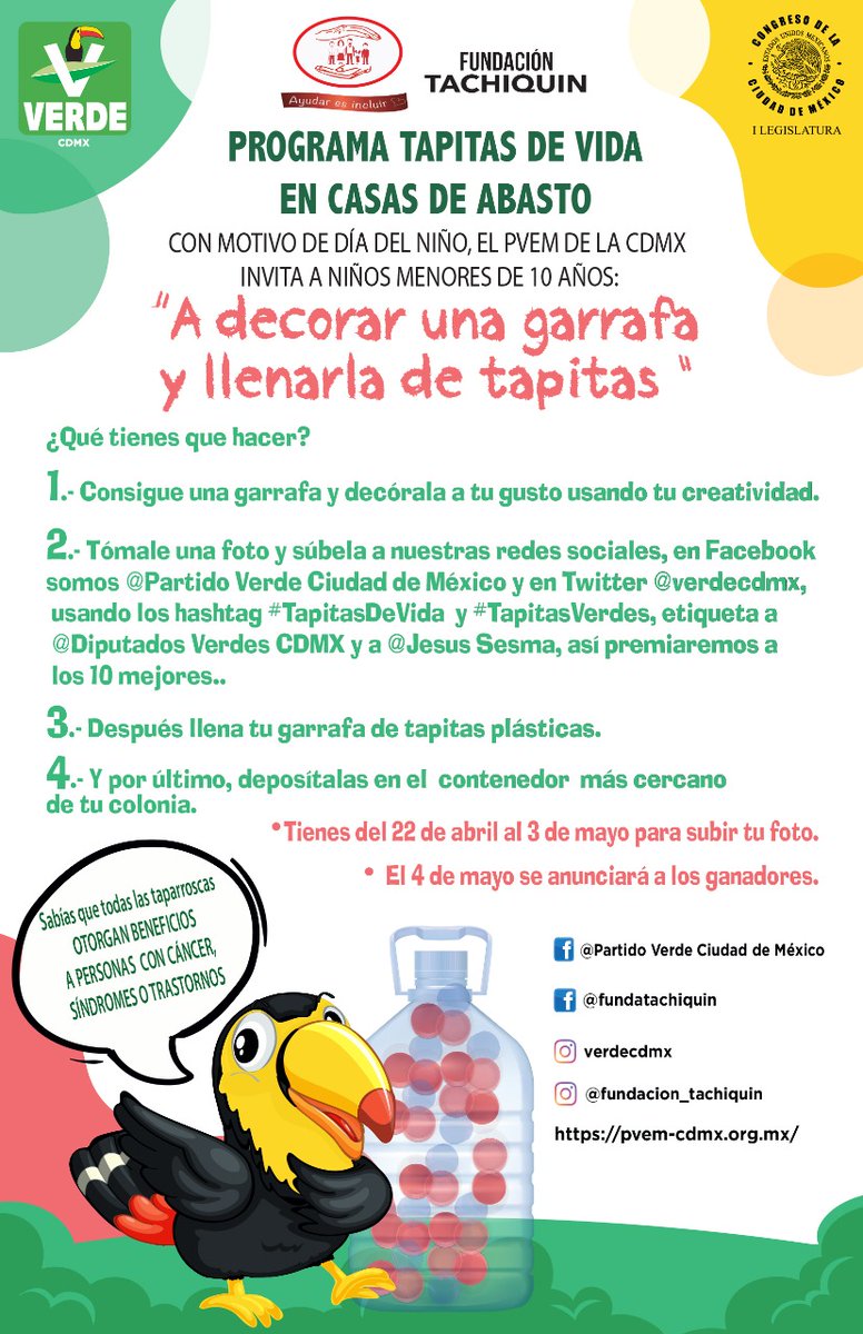 Invitamos a todas las y los niños menores de 10 años a que decoren su garrafa y la llenen de tapitas. Continuamos recibiendo todas sus fotos, el concurso termina el domingo 3 de mayo. Pueden enviarlas como comentarios👇🏻. #TapitasDeVida #TapitasVerdes #FundaciónTachiquin