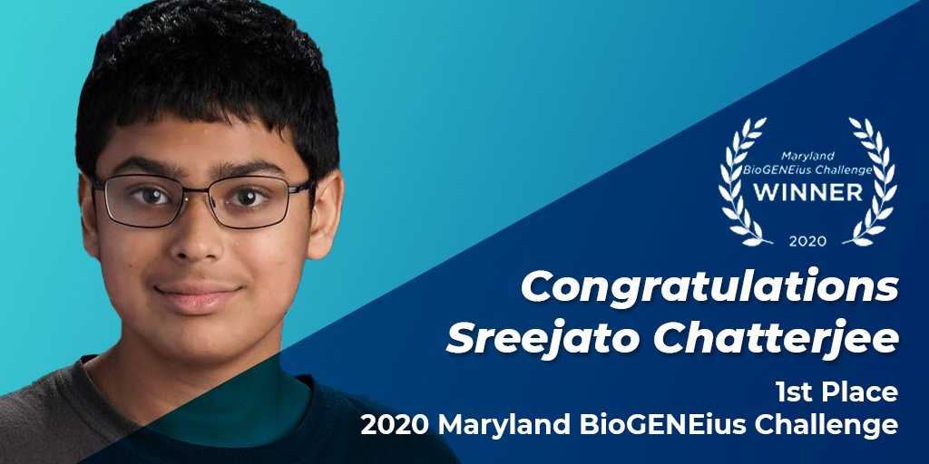 LearningUNDFTD's tweet photo. Congratulations to Sreejato Chatterjee, a sophomore at @TSWoottonHS, for winning first place in this year's Maryland BioGENEius Challenge for outstanding individual research. @MCPS_Science @BiotechInstitut #BioGENEius #BIO2020 #STEMLegend Press release: https://t.co/bNhq4Pfcvl https://t.co/UI11Y2IBpG