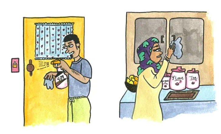 Illustration of a family cleaning together.