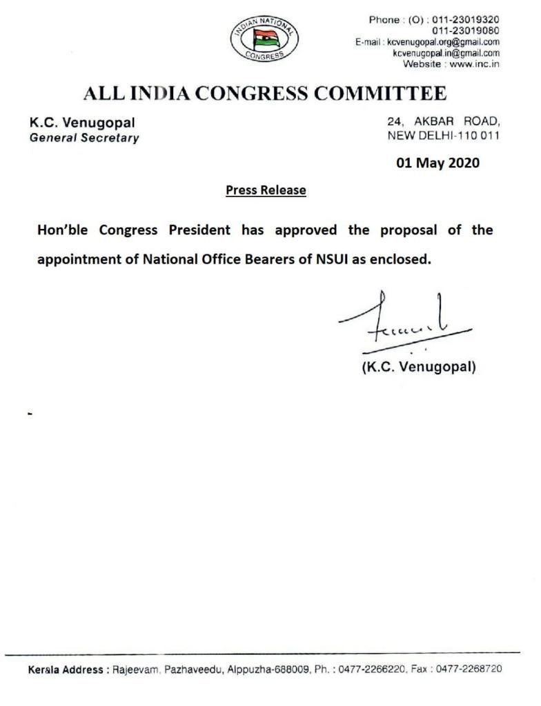 hjmainuddin's tweet photo. Congress President has approved the appointment of National Office Bearers of @nsui  Congratulations to @Nagesh_nsui6  as General secretary and  @MamathaNerlige as  Secretary from Karnataka 💐💐💐💐 https://t.co/aVFGwAaqpB