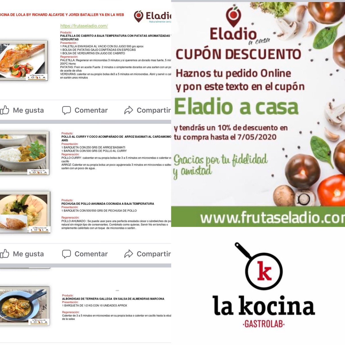Ya estamos en la web de frutaseladio.com
Comemos en casa con LA KOCINA DE LOLA .
Pide alguno de nuestros platos y en 24 horas lo tendrás en casa, con 30 días de caducidad en refrigeración