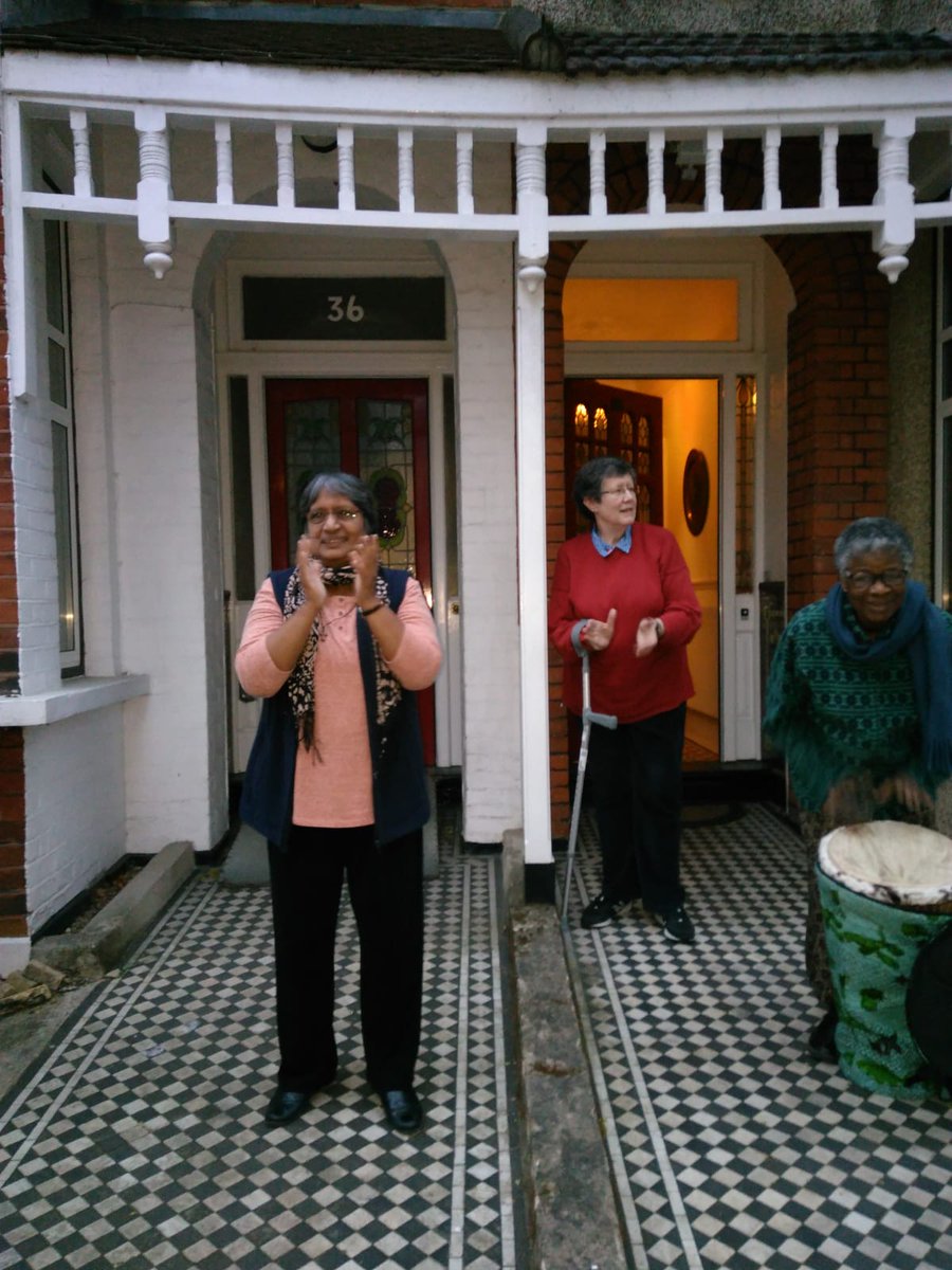 A new tradition of clapping to show gratitude for health “carers” has taken root, Every  Thursday, members of our Society Leadership Team join the ritual by clapping and drumming. From left to right are Sisters Rini Bernadetta Dwi Astuti, Rosemary Ryan and Edith Dug-yi.