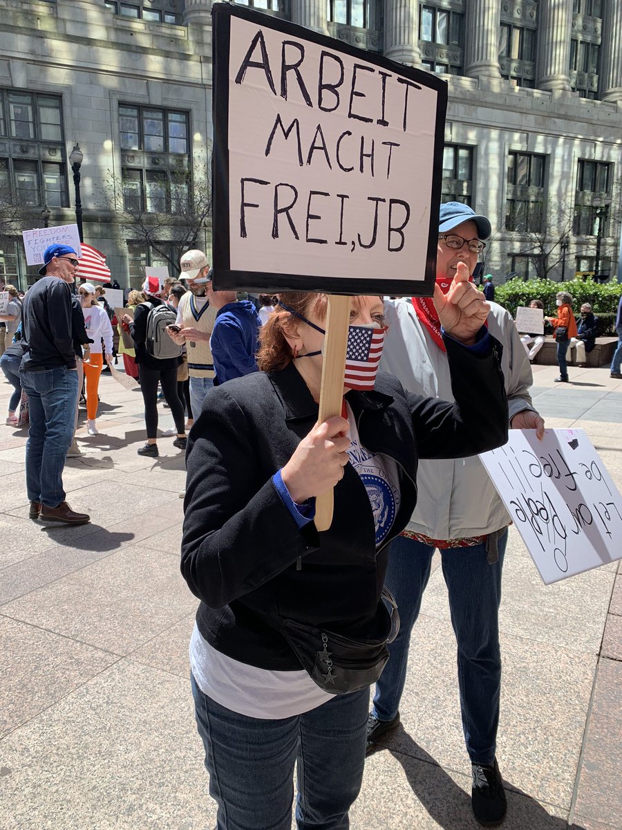 This was one of the signs at the “Re-open Illinois” event today. She assured those that she was not a Nazi, and stated, “I have Jewish friends.” Thank you for representing yourself and your “movement” for what it is.