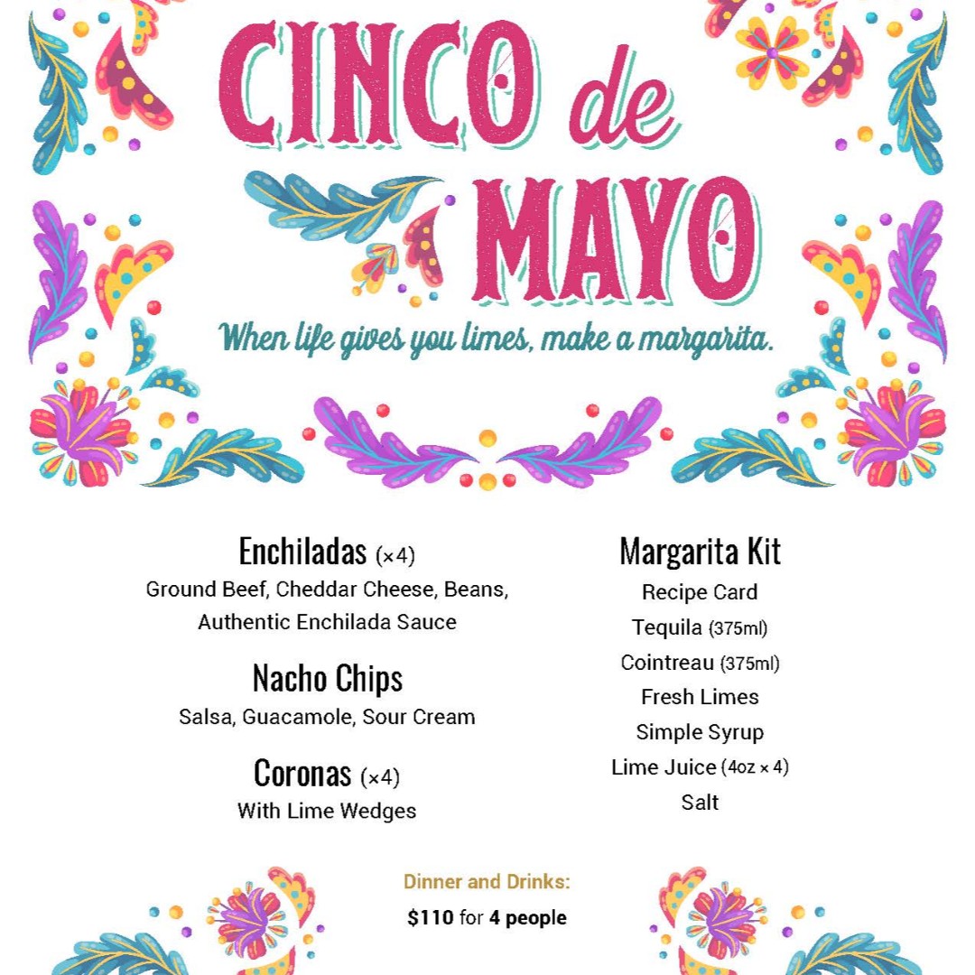 It's a Fiesta! Celebrate Cinco de Mayo all week long!

Available May 1st - May 8th, 2020.

To order, give us a call at 250.878.4703 or e-mail samantha.sinotte@fourpointskelowna.com

#Gulfstream #FourPointsKelowna #CincoDeMayo #Fiesta #ToGo #TakeOut #YLW #Kelowna